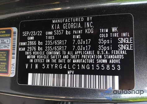 2022 Kia Sorento Lx z USA, uszkodzony, nr VIN 5XYRG4LC1NG155853